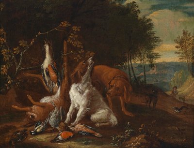 Landschap met jachtstilleven door Adriaen de Gryef